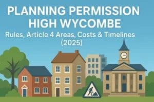Planning permission in High Wycombe – featured illustration with suburban houses, town hall, construction sign, and text highlighting rules, Article 4 areas, costs, and timelines for 2025