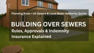 Modern UK home extension with patio, illustrating building regulations and planning rules for constructing over public sewers, including approvals and indemnity insurance requirements