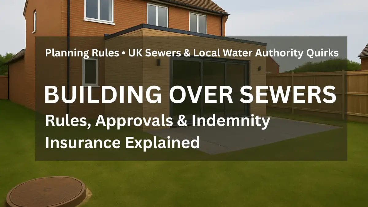 Modern UK home extension with patio, illustrating building regulations and planning rules for constructing over public sewers, including approvals and indemnity insurance requirements