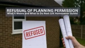 Photo of a UK homeowner holding planning blueprints and a ‘Refused’ notice in front of a brick house, with bold header ‘Refusal of Planning Permission – What It Means and What to Do Next’, illustrating council planning permission denial guidance in the UK.