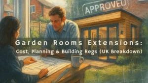 Split-view illustration of a UK homeowner planning a garden room extension with an architect, featuring detailed blueprints on the table and a completed timber-clad garden room with bi-fold doors, under an ‘Approved’ planning stamp overlay — symbolising expert guidance, home improvement, and planning permission success.